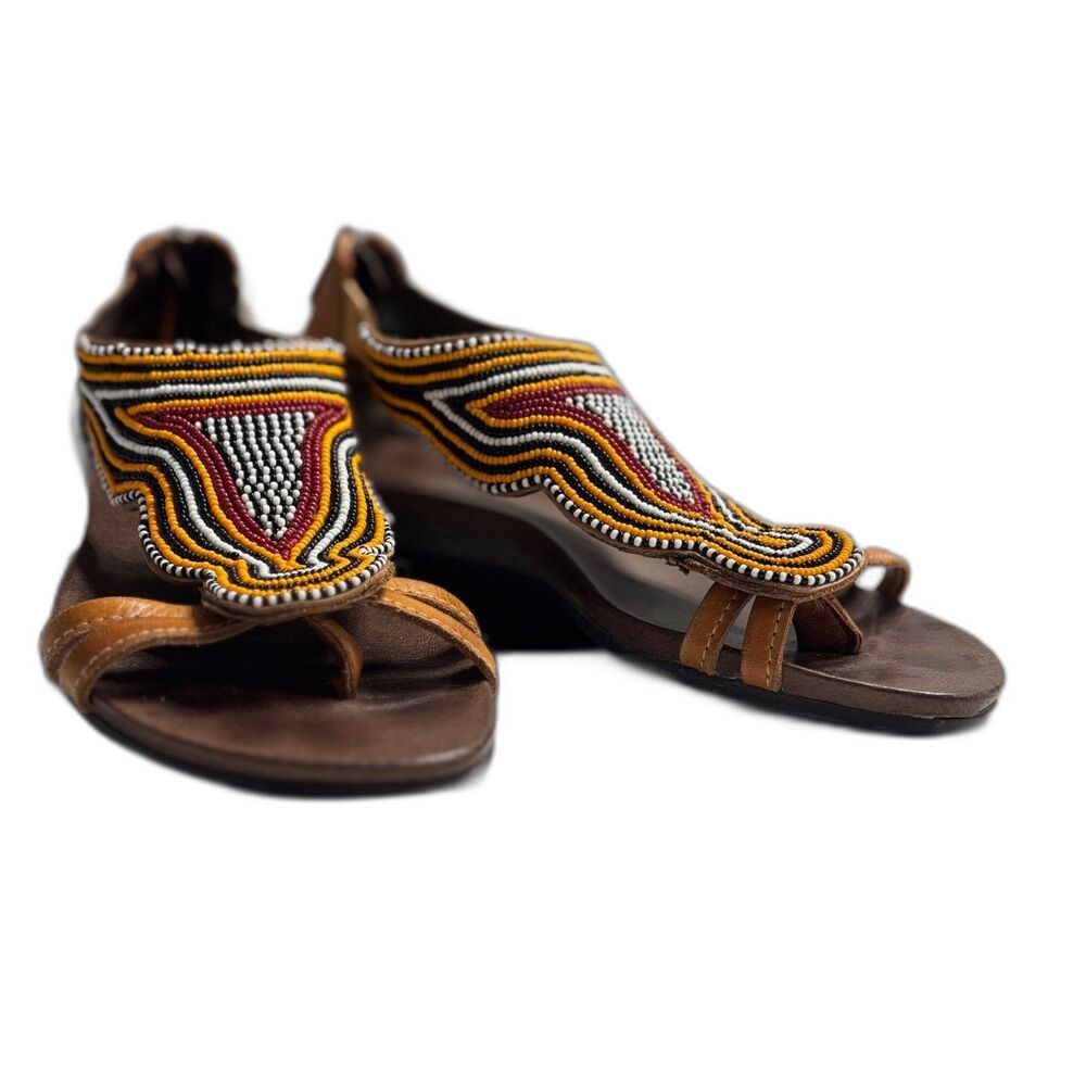 Pikolinos Alcudia Maasai Beaded Sandals 36 US 5.5 6 Leather Gladiator Flat Shoes